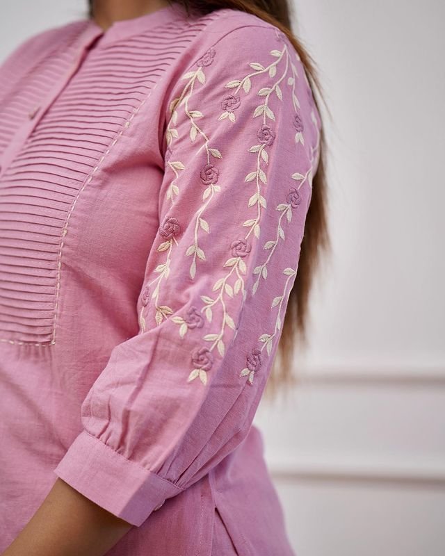 Pink Kurti Pant Set with Embroidery & Pintex Detailing